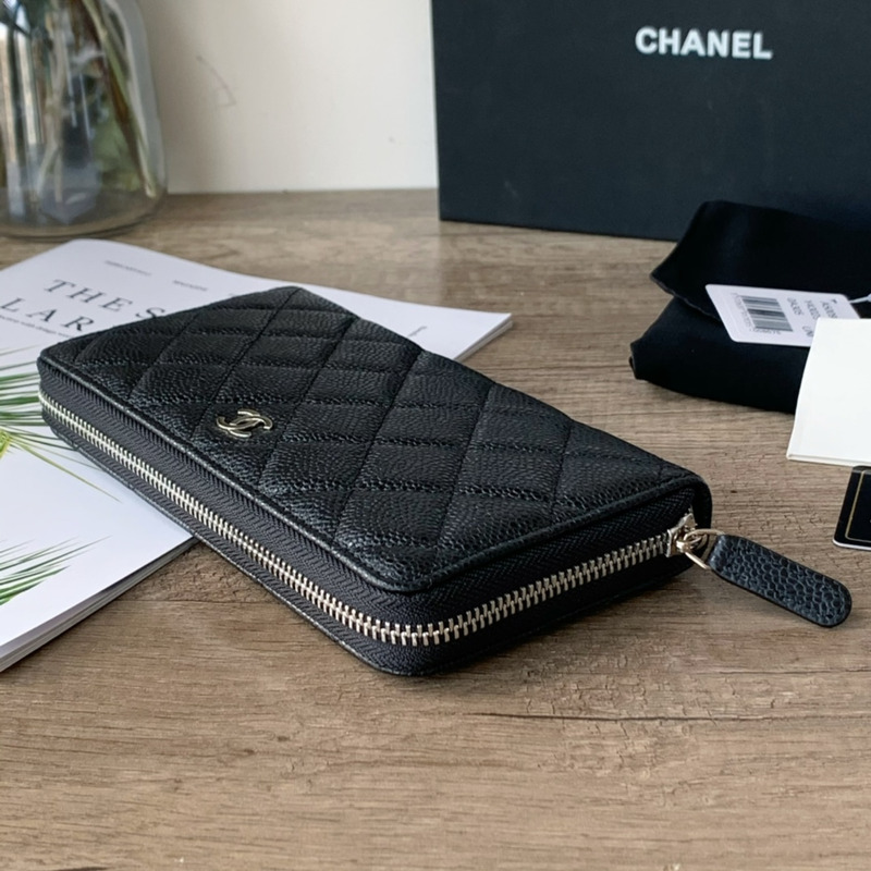 Ch*el classic long zipped wallet silver tone metal black