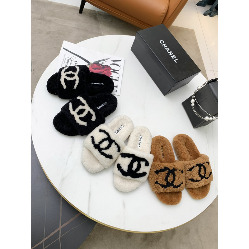 Ch*el fur all-in-one slippers white