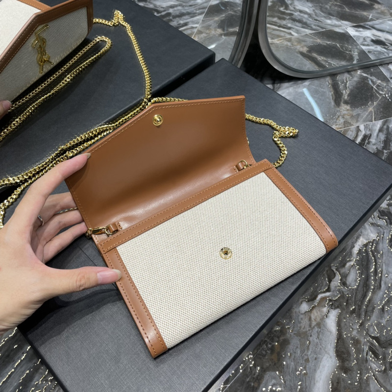 Saint Laurent Uptown Chain Wallet Bag Canvas Beige & Brown