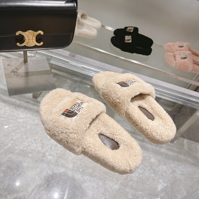 g*u*i x the n0*h F**e shearling slides beige