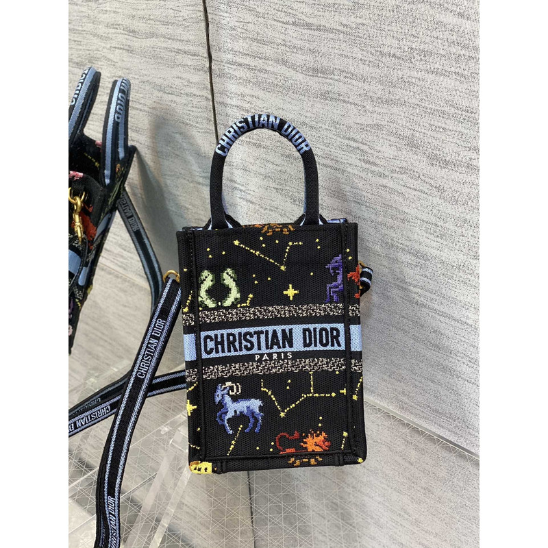 D*or mini book tote phone pouch multicolor D*or zodiac pixel pattern embroidery in black