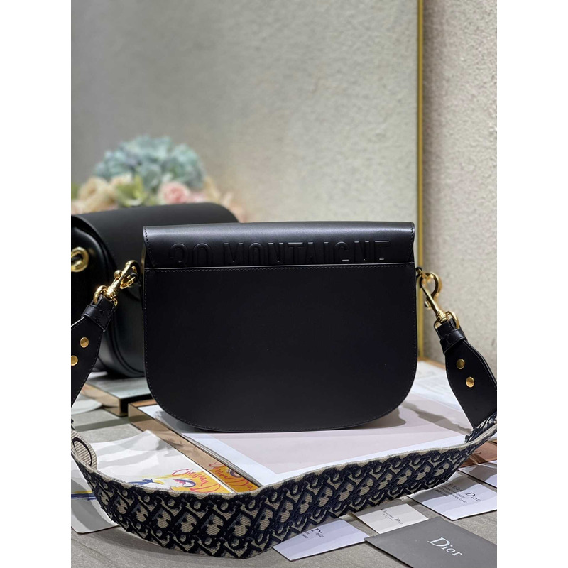 D*or large D*or bobby bag black shiny calfskin with blue oblique print shoulder strap