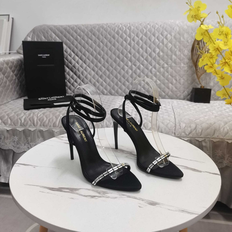 Saint Laurent New Nuit Silk Crystal Stiletto Sandals Black
