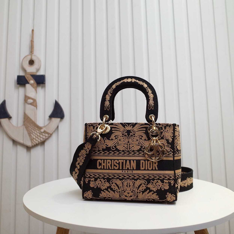 D*or medium lady d-lite bag black and brown ornamental cornely-effect embroidery