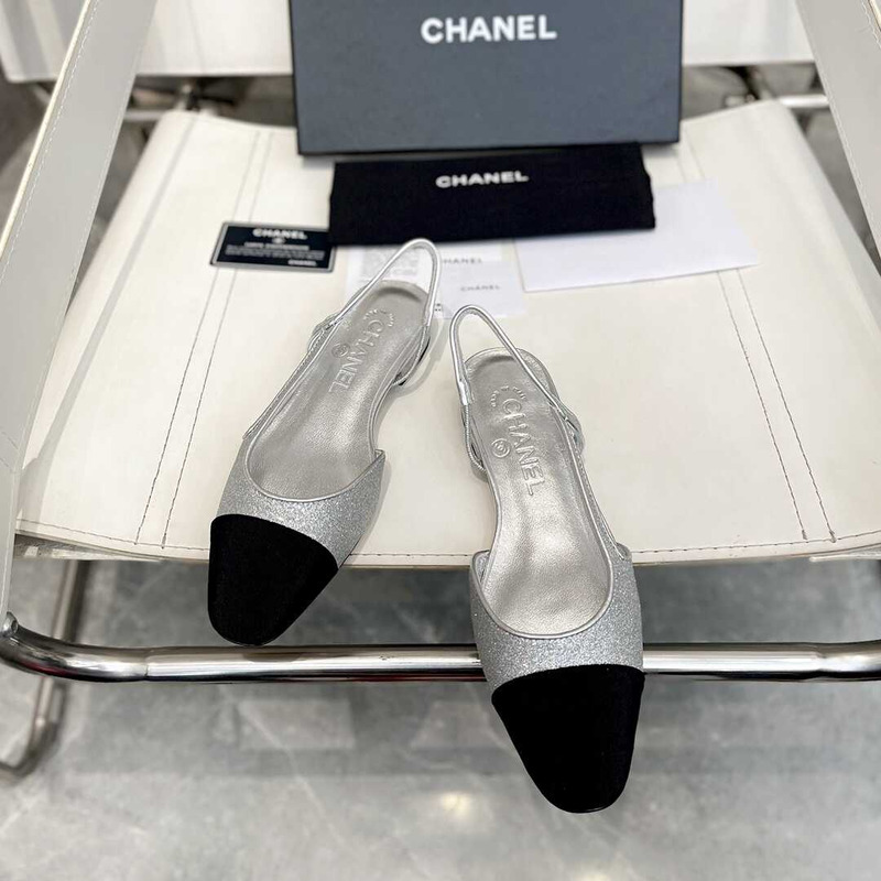 Ch*el strass 20mm slingbacks silver black grosgrain