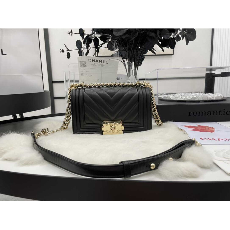 Ch*el boy chevron quilted caviar gold-tone small black