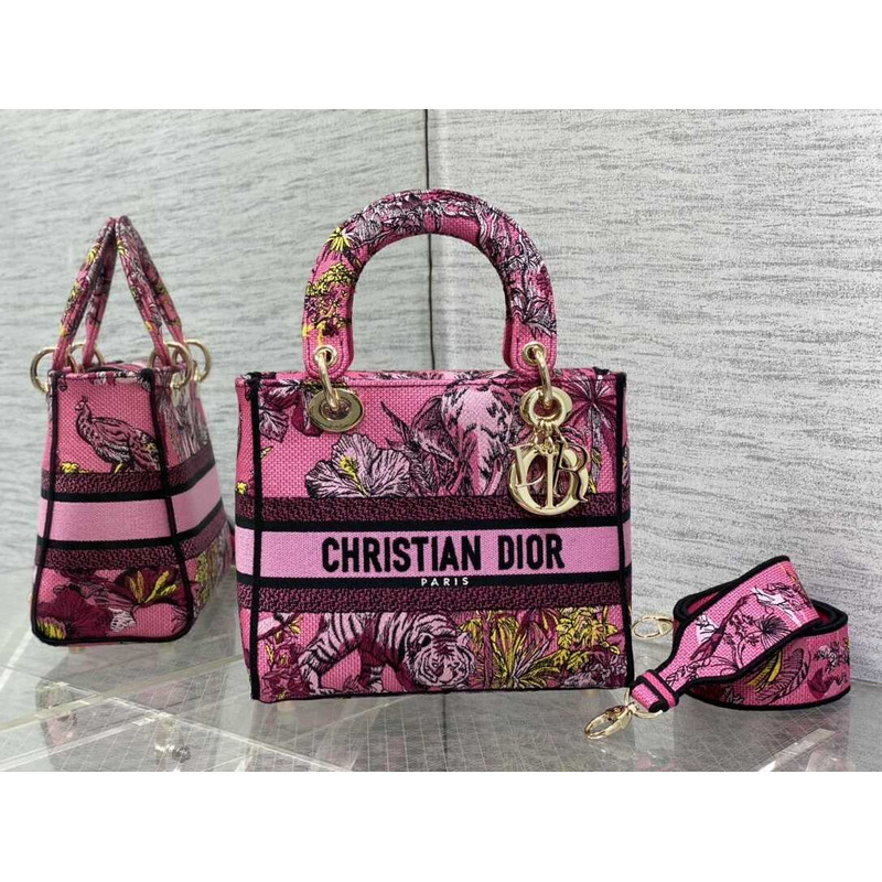 D*or medium lady d-lite bag fuchsia multicolor toile de jouy voyage embroidery