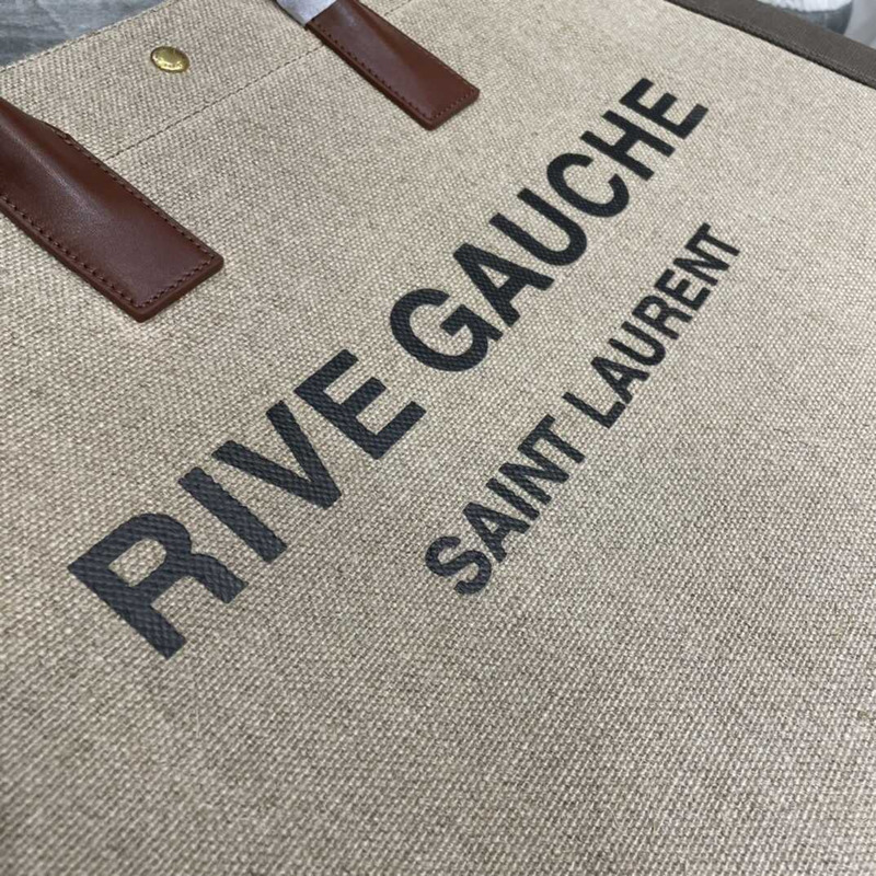 Saint Laurent Rive Gauche Vertical Shopper In Linen And Cotton Gray And Beige
