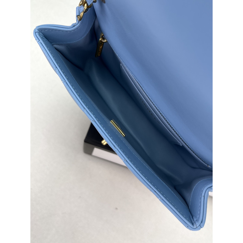 Ch*el small flap bag with top handle lambskin & wenge wood light blue