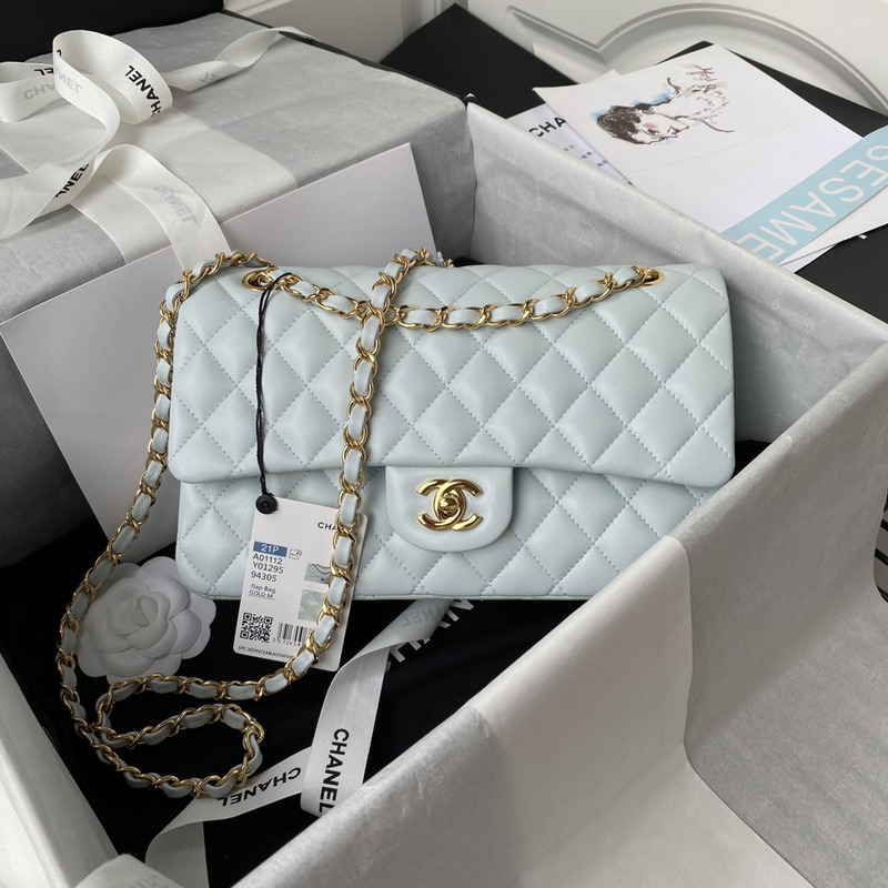 Ch*el classic handbag lambskin and gold-tone mental light blue