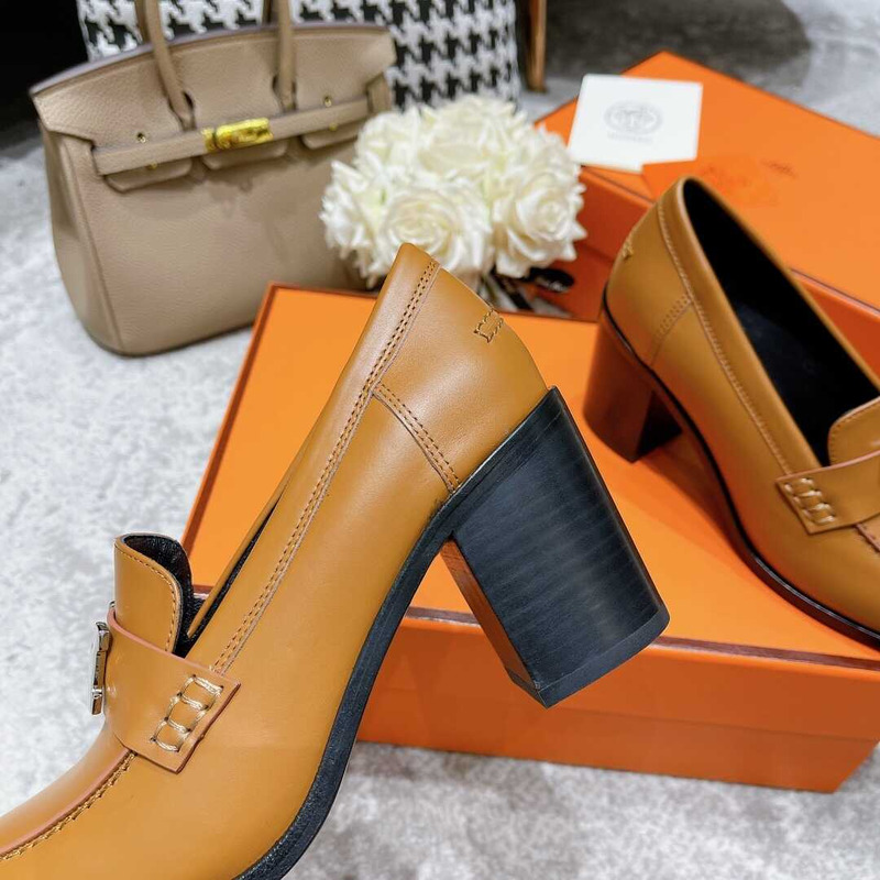 H**mes dauphine 70 high heel loafer in calfskin brown