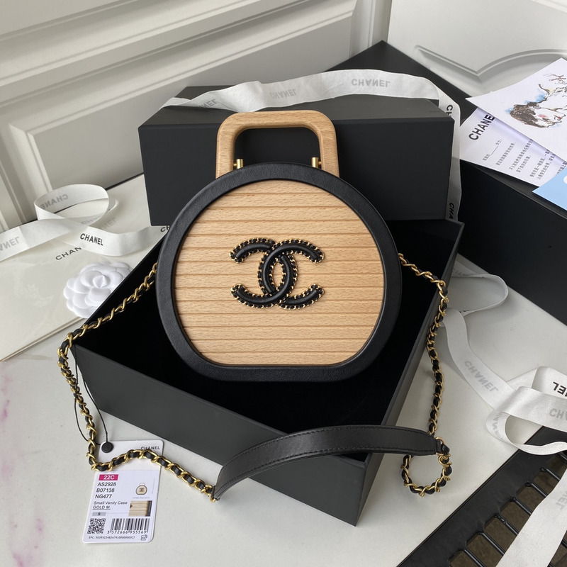 Ch*el vanity case beech wood&leather black and beige