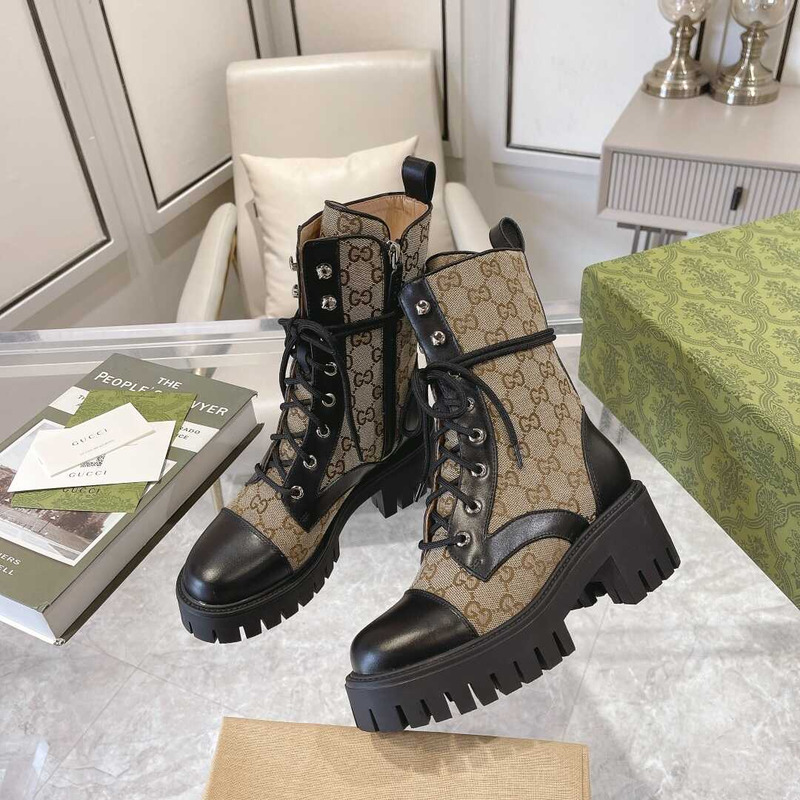 G*u*i gg quilted lace-up ankle boots canvas & leather black