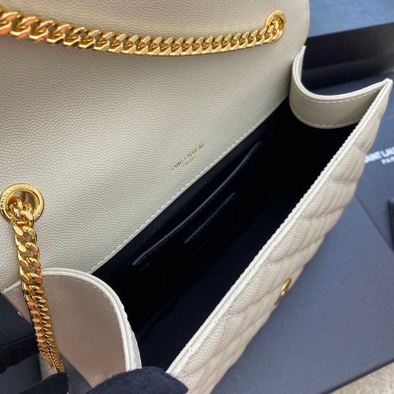Saint Laurent Envelope Small In Quilted Grain De Pouder Embossed Leather Flap Blanc Vintage