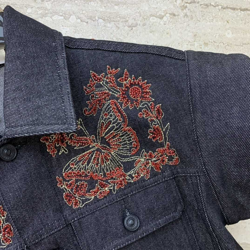 D*or embroidered jacket cotton denim and coral-colored beads black