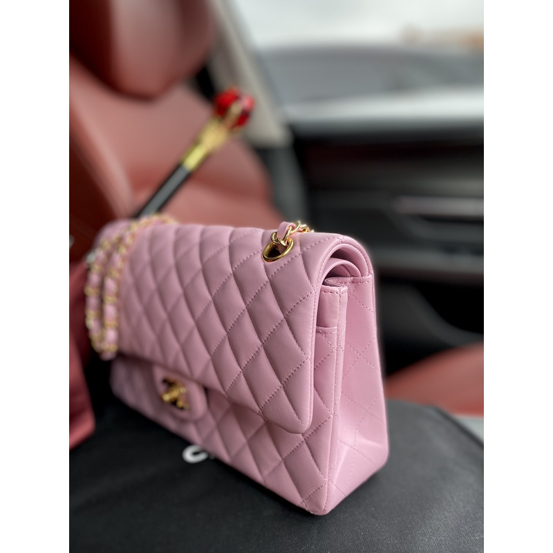 ch*el classic flap bag sheepskin Di*m*nd chain classic flap bag gold buckle cherry blossom pink