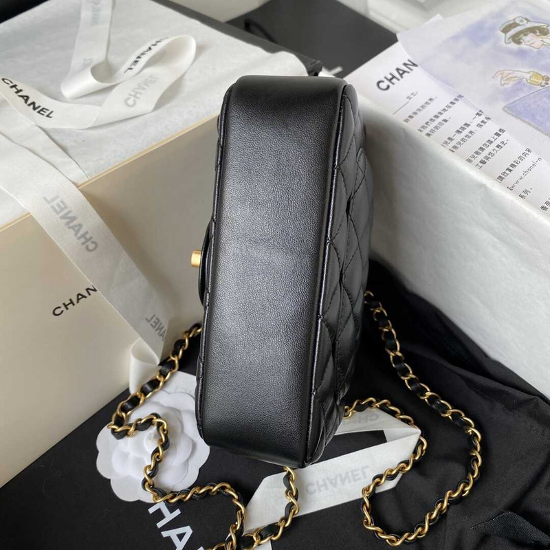 Ch*el mini flap bag shiny lambskin, imitation pearls & gold-tone metal black